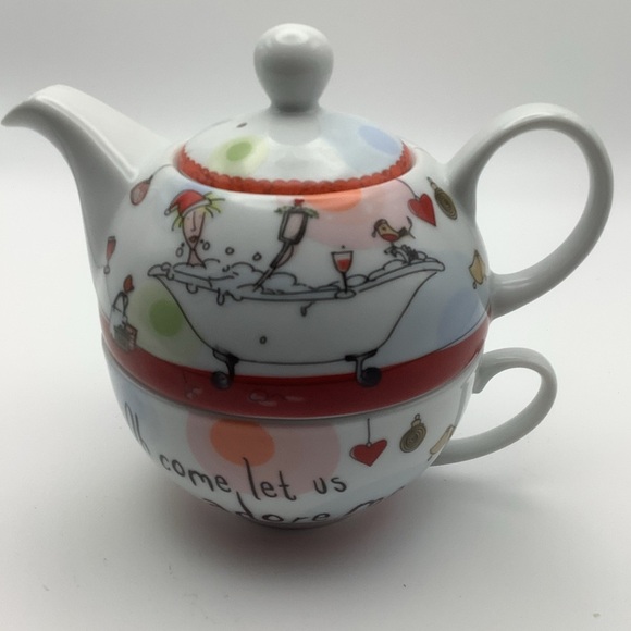 Born to Shop “Come Let Us Adore Me” Tea for One Stacking Teacup and Teapot - Picture 1 of 11